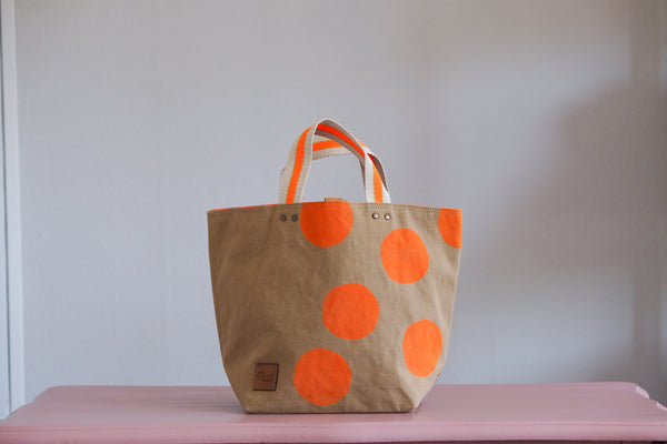 Small Tote Bag - Brown Khaki with orange dots