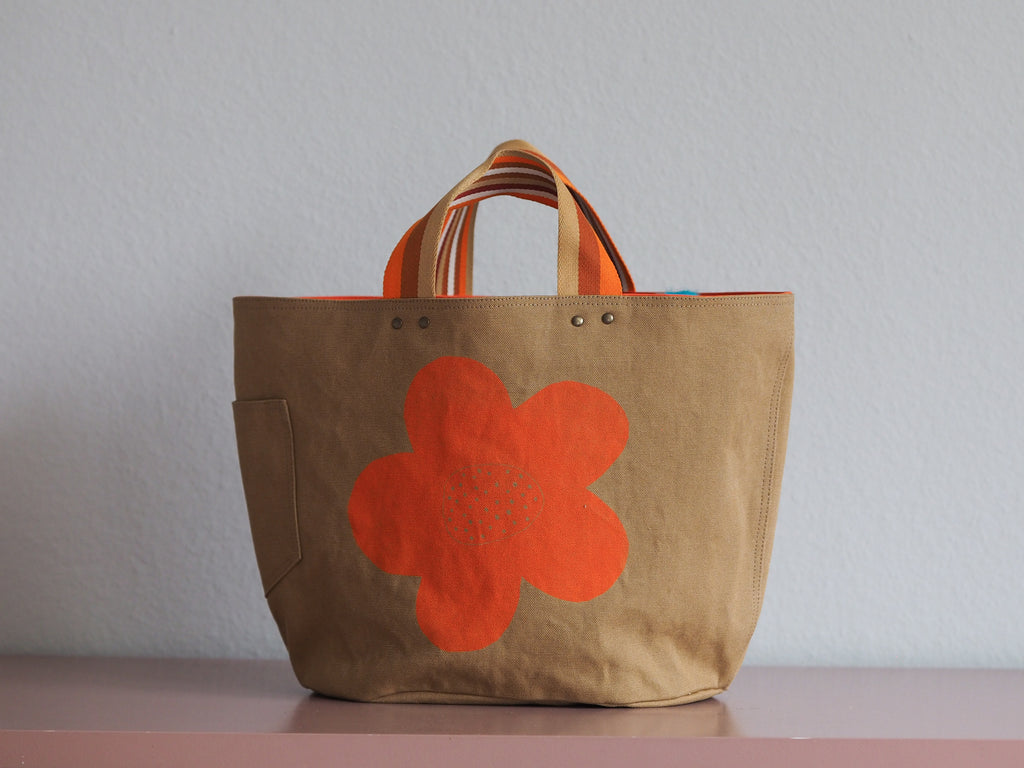Tote Bag - Brown Khaki - orange flower