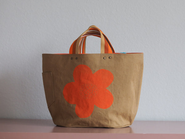Tote Bag - Brown Khaki - orange flower